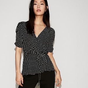 Express Black Polka Dot Faux Wrap Peplum Top